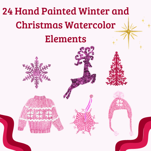 24 Hand Painted Winter and Christmas Watercolor Elements