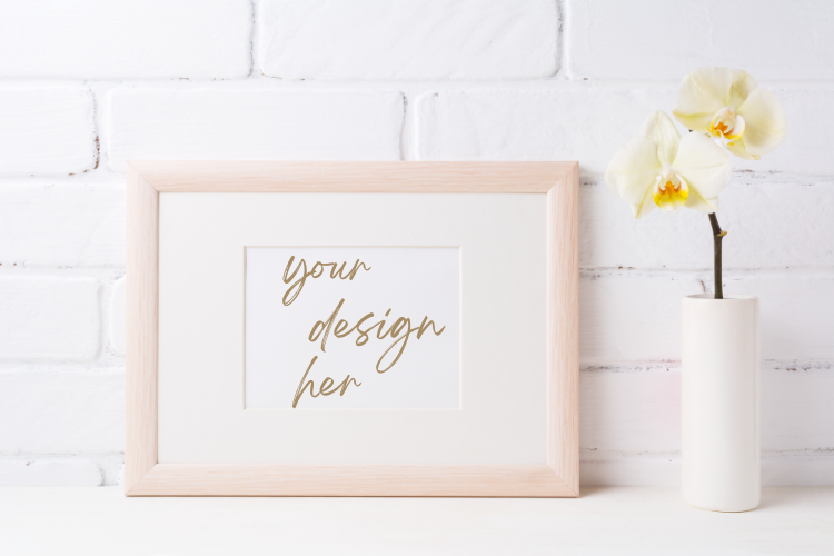 Wooden Landscape Frame Mockup with Soft Yellow Orchid in Vase