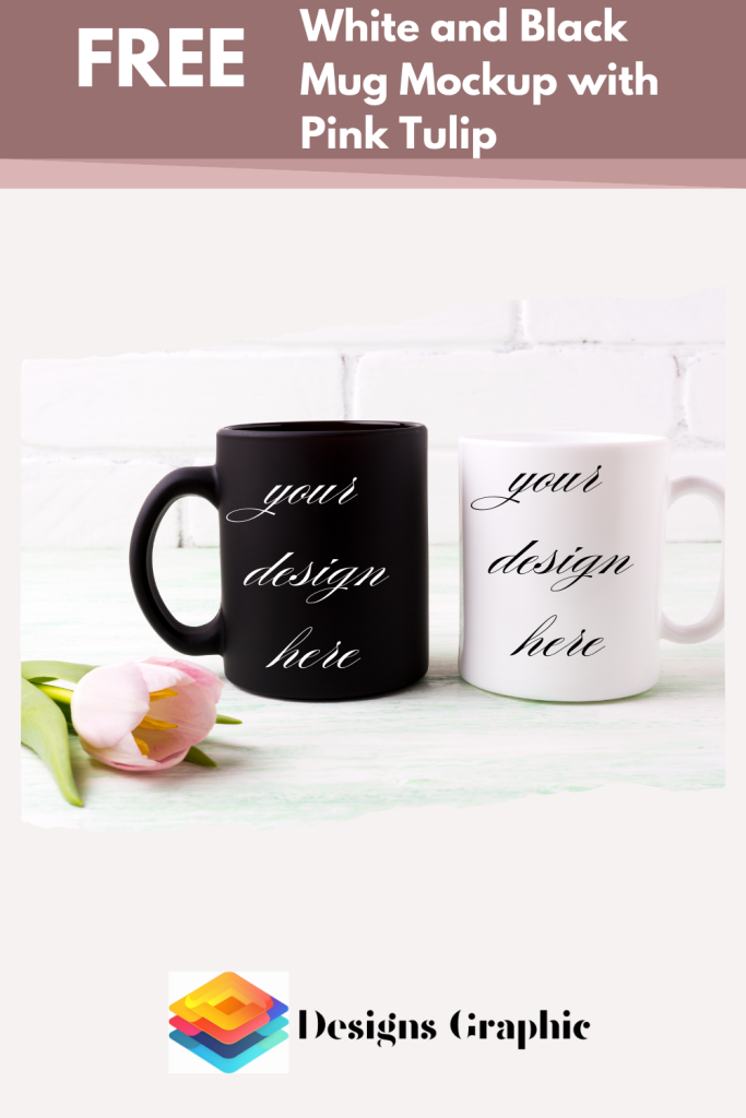 White and Black Mug Mockup with Pink Tulip